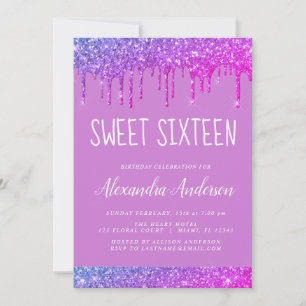 Invitación Purpurina de espuma morada rosa dulce dieciséis cu
