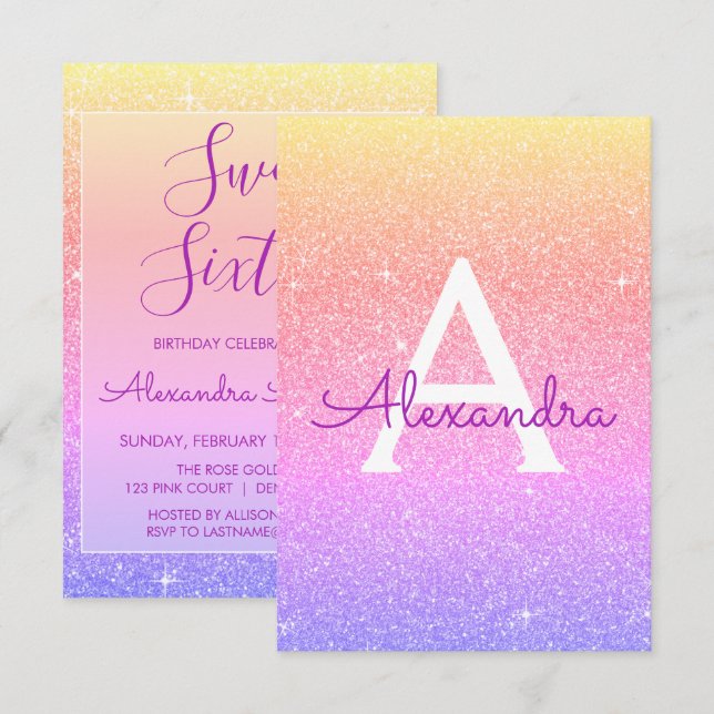 Invitación Purpurina de espuma morada rosa dulce dieciséis cu (Anverso / Reverso)