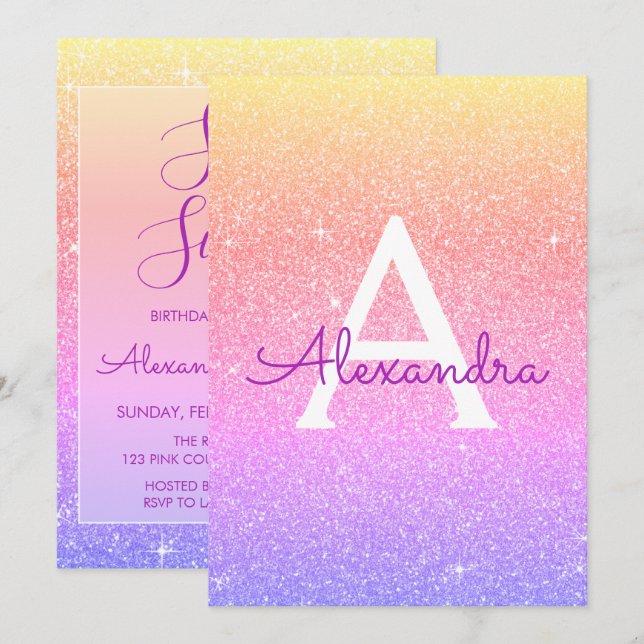 Invitación Purpurina de espuma morada rosa dulce dieciséis cu (Anverso / Reverso)