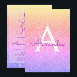 Invitación Purpurina de espuma morada rosa dulce dieciséis cu<br><div class="desc">Oro gitano,  Oro púrpura y Naranja Ombre Pastel Purpurina de espuma de oro Dulce Dieciséis Monogramas y Invitación inicial de fiesta de cumpleaños. Esta invitación es perfecta para el Pastel Sparkle Purpurina Sweet 16 cumpleaños que busca celebrar en oro.</div>