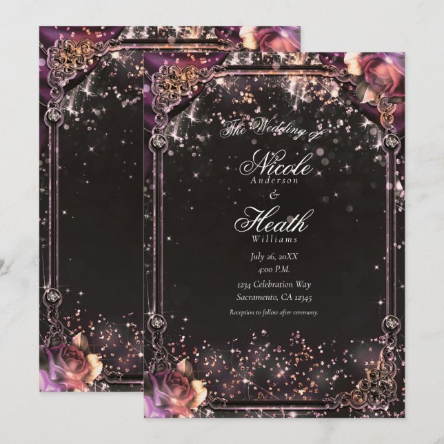 Invitación Purpurina de espuma oscura Glam alumbra a Boda flo (Anverso / Reverso)