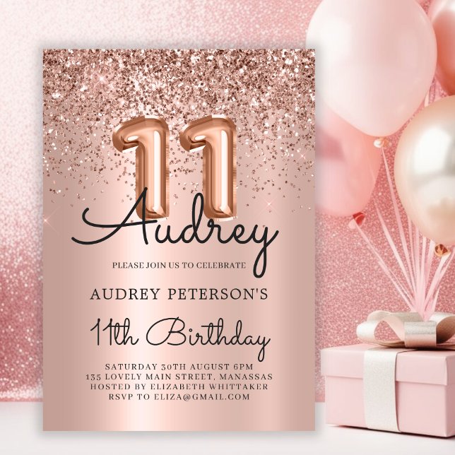 Invitación Purpurina de espuma Rosa Globo de oro 11º cumpleañ (Subido por el creador)