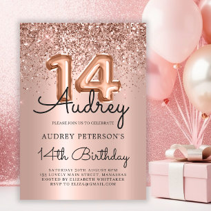 Invitación Purpurina de espuma Rosa Globo de oro 14º cumpleañ