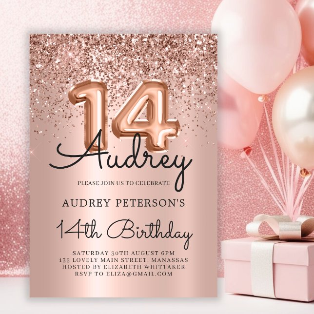 Invitación Purpurina de espuma Rosa Globo de oro 14º cumpleañ (Subido por el creador)