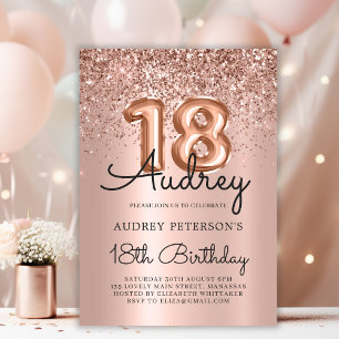 Invitación Purpurina de espuma Rosa Globo de oro 18 cumpleaño