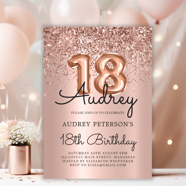 Invitación Purpurina de espuma Rosa Globo de oro 18 cumpleaño (Subido por el creador)