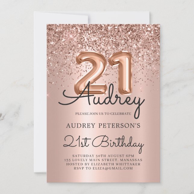 Invitación Purpurina de espuma Rosa Globo de oro 21 cumpleaño (Anverso)