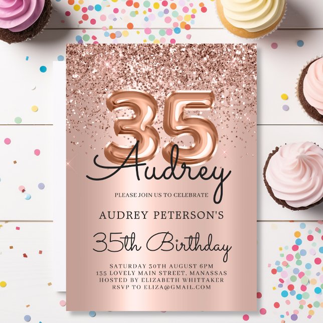 Invitación Purpurina de espuma Rosa Globo de oro 35 cumpleaño (Subido por el creador)