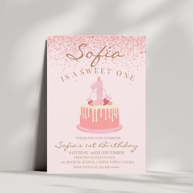 Invitación Purpurina de espuma rosada dulce primer Fiesta de  (Subido por el creador)