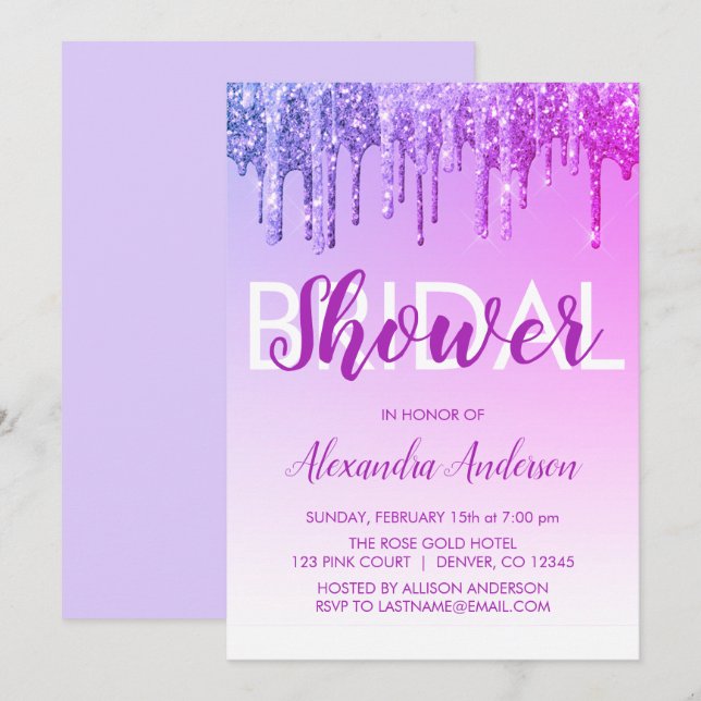Invitación Purpurina de espuma rosada morada ducha de novia (Anverso / Reverso)