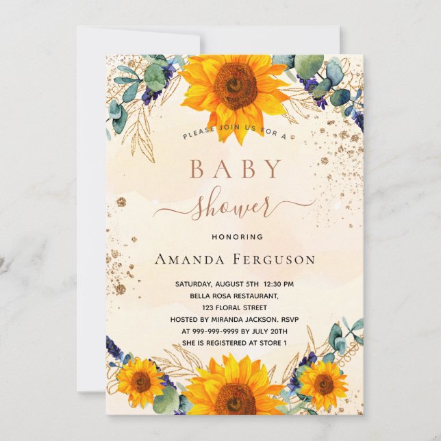 Invitación purpurina de eucalipto de girasol de Baby Shower (Anverso)