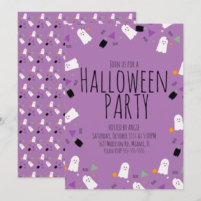 Invitación Purpurina de Fantasma de Halloween para Fiesta de  (Anverso / Reverso)