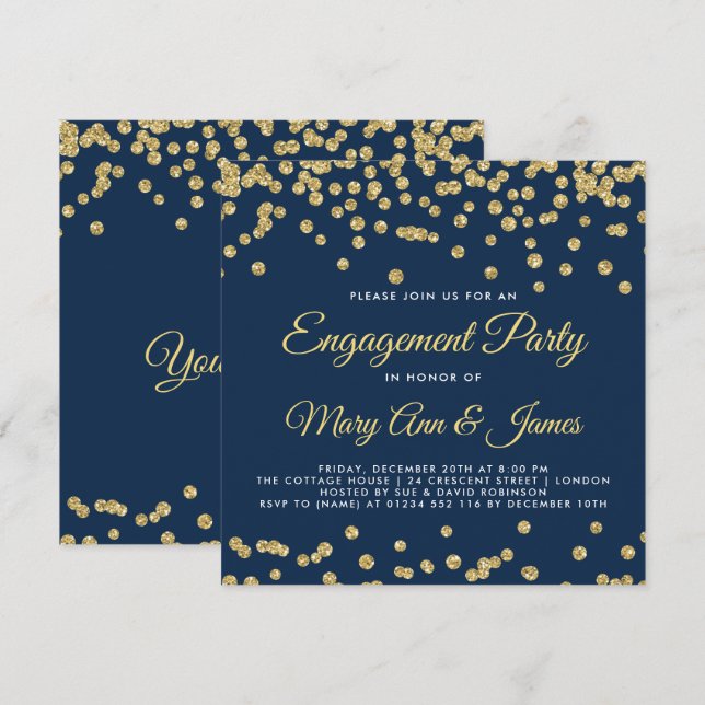 Invitación Purpurina de Faux de Oro Confetti (Anverso / Reverso)