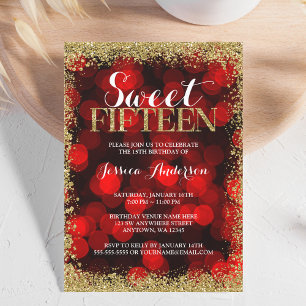 Invitación Purpurina de Faux de Oro Rojo Luces Dulce 15 Quinc