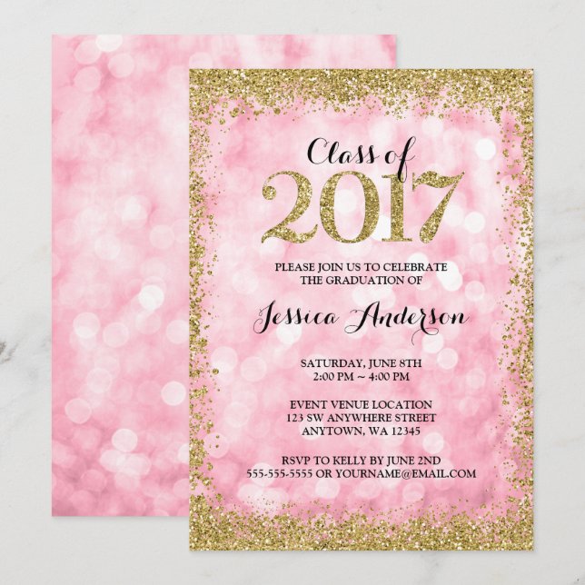 Invitación Purpurina De Faux De Oro Rosa Ilumina 2017 Graduac (Anverso / Reverso)