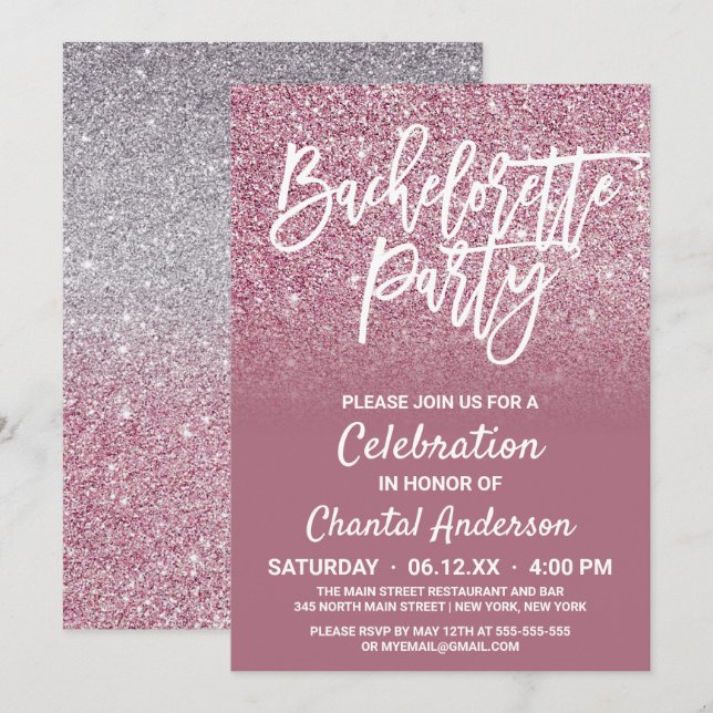 Invitación Purpurina De Faux De Plata Rosa Ombre Bachelorette (Anverso / Reverso)