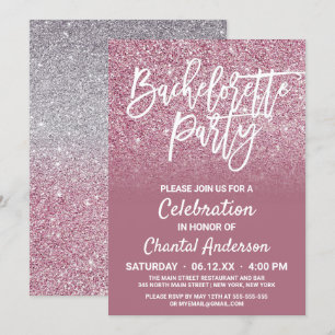 Invitación Purpurina De Faux De Plata Rosa Ombre Bachelorette