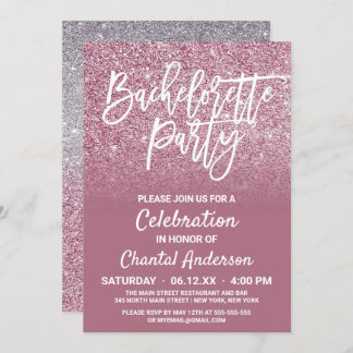 Invitación Purpurina De Faux De Plata Rosa Ombre Bachelorette
