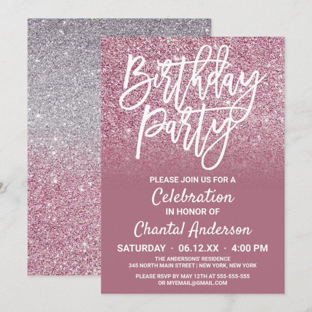 Invitación Purpurina  De Faux De Plata Rosa Ombre Cumpleaños (Anverso / Reverso)