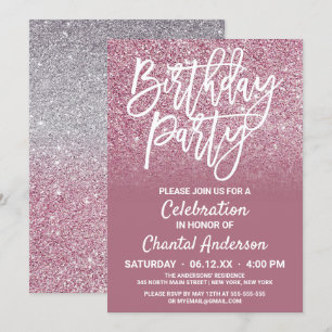 Invitación Purpurina  De Faux De Plata Rosa Ombre Cumpleaños