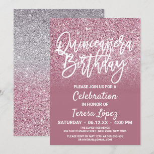 Invitación Purpurina De Faux De Plata Rosa Ombre Quinceañera