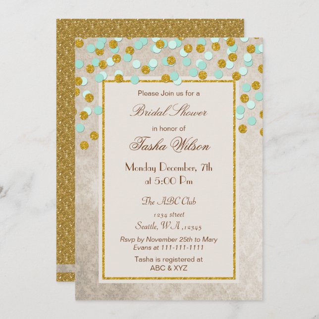Invitación PURPURINA de FAUX Mint Gold Confeti Bridal Shower (Anverso / Reverso)