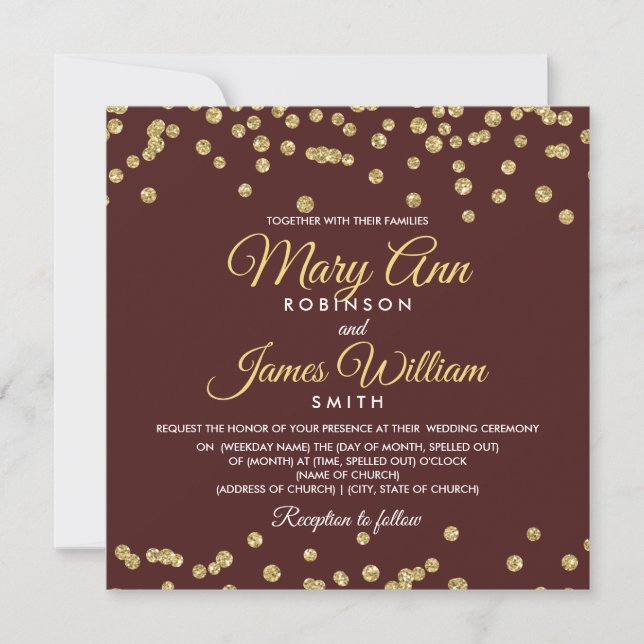 Invitación Purpurina de Faux Oro Confetti Elegant Wedding Mar (Anverso)