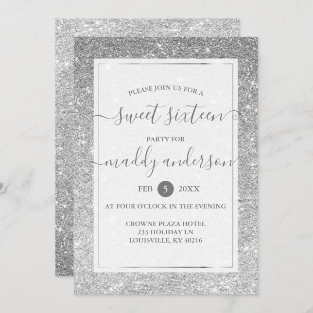 Invitación Purpurina de Faux Plata Elegant Sweet 16 Cumpleaño (Anverso / Reverso)