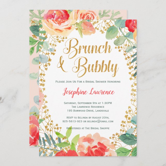 Invitación Purpurina de Floral y Oro Brunch Bridal Shower inv (Anverso / Reverso)