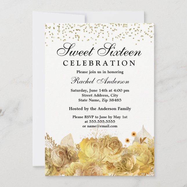 Invitación Purpurina de flores blancas y doradas 16 Invitar (Anverso)