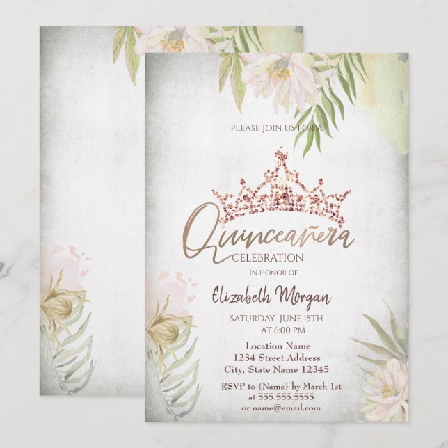 Invitación Purpurina de flores de Boho Crown Quinceañera (Anverso / Reverso)