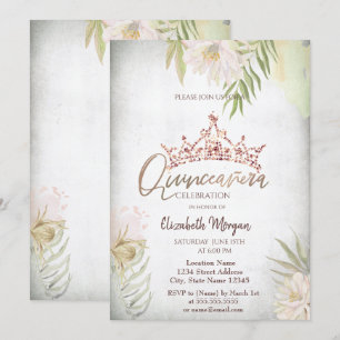 Invitación Purpurina de flores de Boho Crown Quinceañera