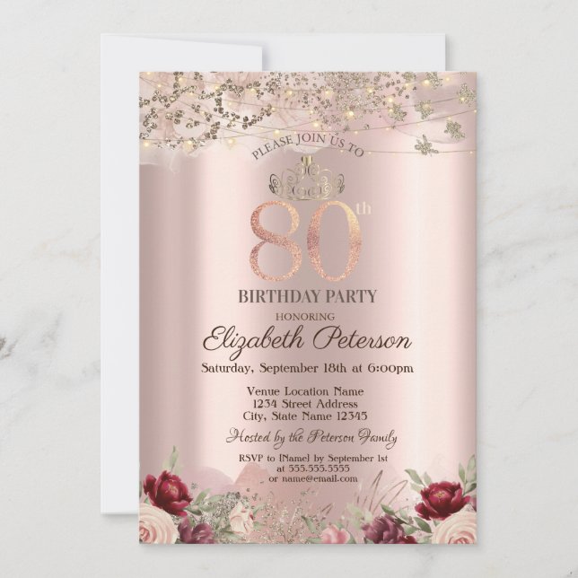 Invitación Purpurina de flores de Borgoña Rosa de oro 80 (Anverso)