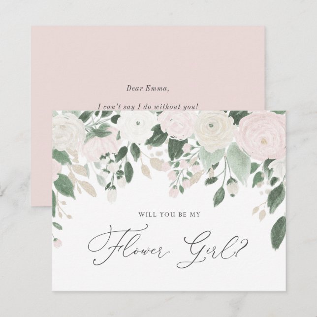 Invitación Purpurina De Flores Pastel, Serás Mi Niña Flor (Anverso / Reverso)