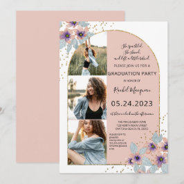 Invitación Purpurina de Flores Rosa Graduación de Foto Confet