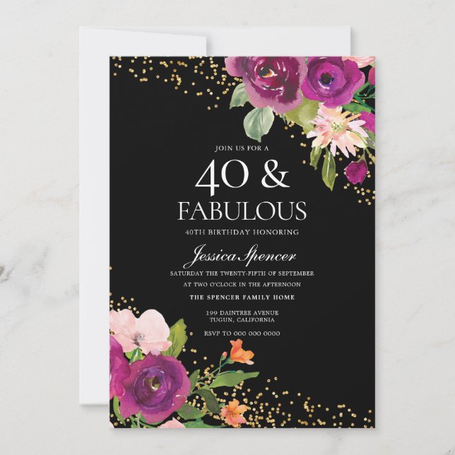Invitación Purpurina de flores rosadas Fiesta de cumpleaños 4 (Anverso)