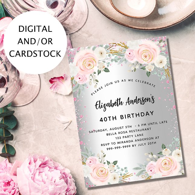 Invitación Purpurina de flores rosadas plateadas de cumpleaño (Subido por el creador)