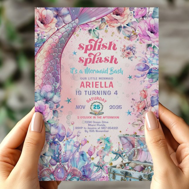 Invitación Purpurina de flores Sirena cola rosa y morado (Subido por el creador)