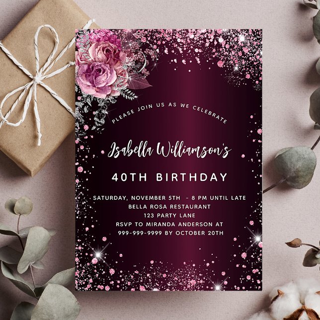 Invitación Purpurina de floros rosa burdeos de cumpleaños (Subido por el creador)