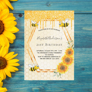 Invitación Purpurina de girasoles dorados de cumpleaños