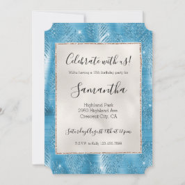 Invitación Purpurina de Glam Azul Aqua hojas tropicales