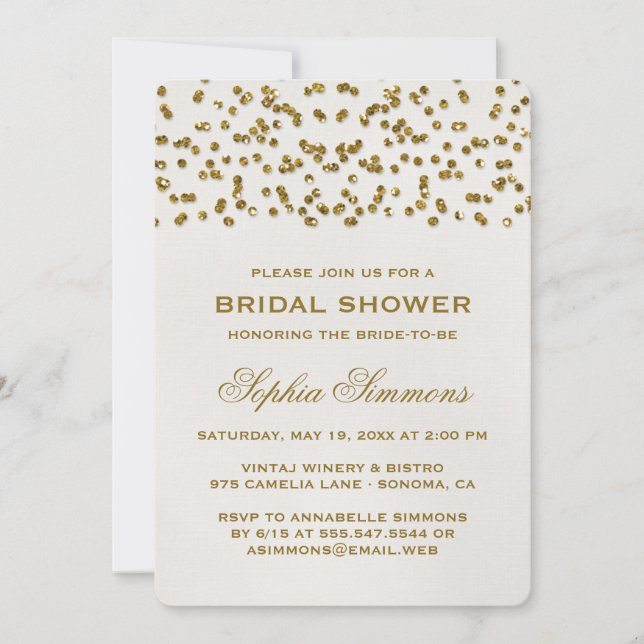 Invitación Purpurina de glamour de oro Confetti Bridal Shower (Anverso)