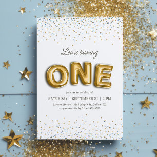 Invitación Purpurina de globo azul y Relieve metalizado dorad