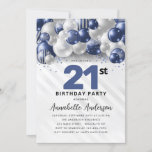 Invitación Purpurina de globo de plata azul de la marina 21º<br><div class="desc">Purpurina de globo de plata azul de la Marina de Glam moderna se esparce a cualquier edad Invitación de cumpleaños</div>