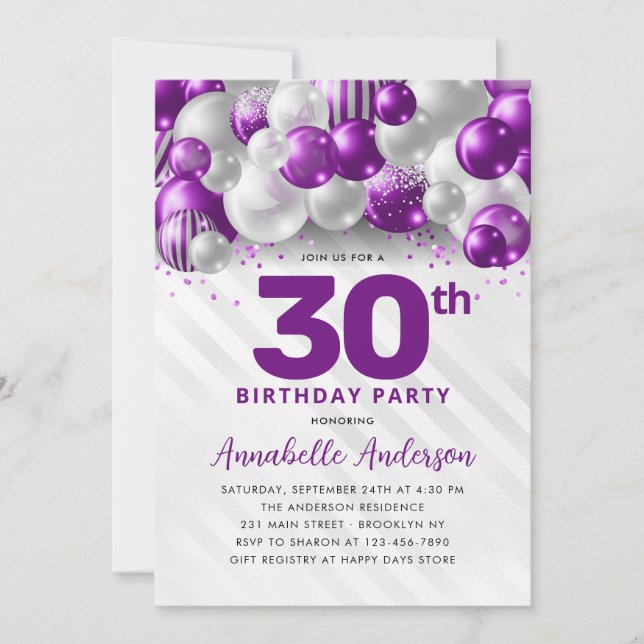 Invitación Purpurina de globo de plata morada Cualquier cumpl (Anverso)