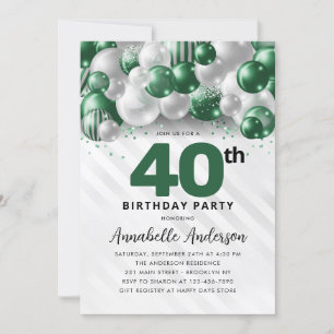 Invitación Purpurina de globo de plata verde esmeralda 40 cum