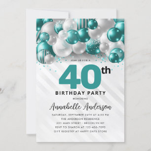 Invitación Purpurina de globo de plata verde verde azulado 40
