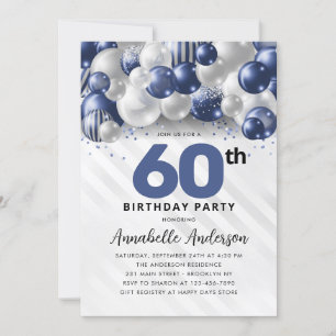 Invitación Purpurina de globo Navy Blue Silver 60 cumpleaños