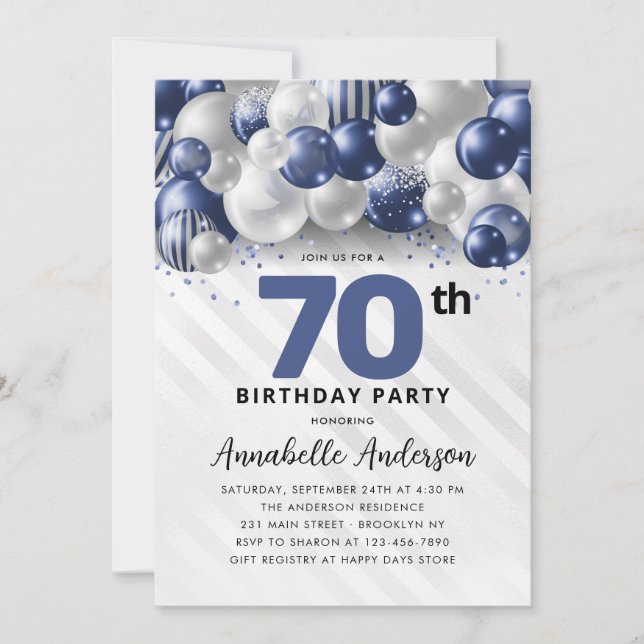 Invitación Purpurina de globo Navy Blue Silver 70 cumpleaños (Anverso)