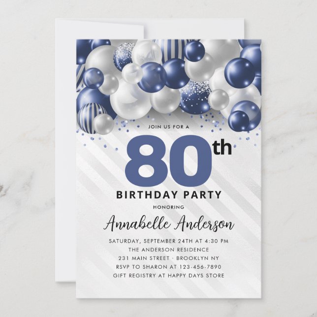 Invitación Purpurina de globo Navy Blue Silver 80 cumpleaños (Anverso)